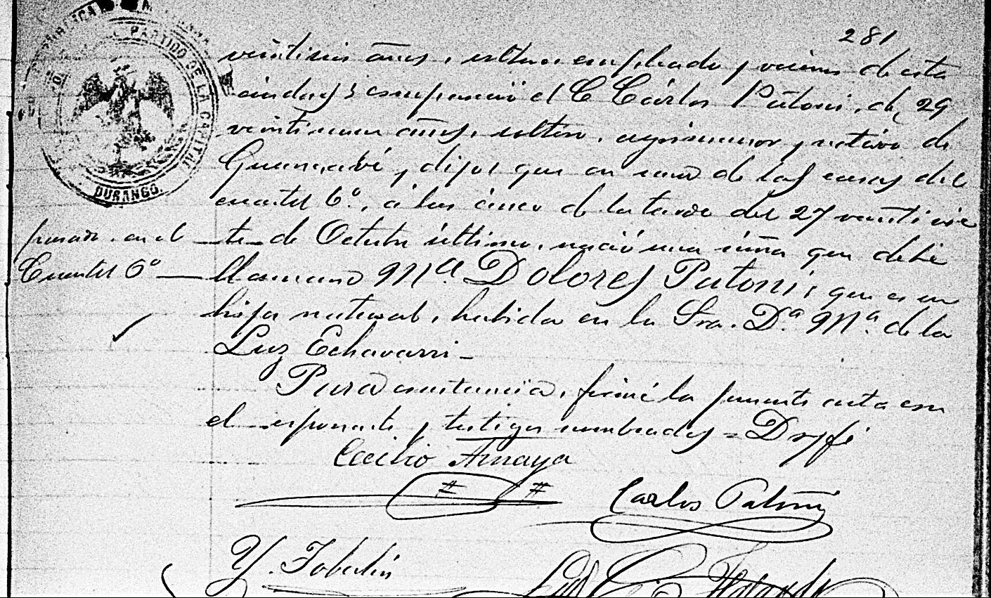 Civil Birth Record of Maria Dolores Patoni in 1882